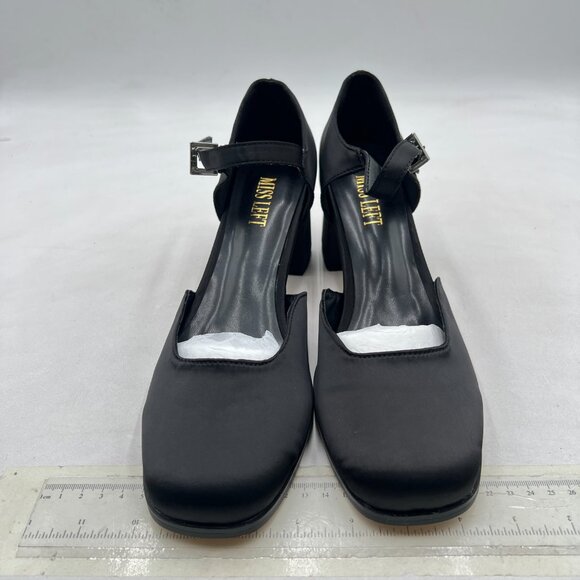 miss left Black Satin Square Toe Adjustable Ankle Buckle D'Orsay Pumps - Picture 3 of 8